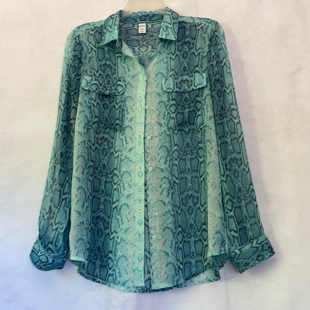 Old Navy Snake Print Semi Sheer Button Front Blouse Mint Aquamarine Long Sleeve